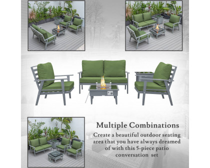 LeisureMod Walbrooke Modern Gray Patio Conversation With Square Fire Pit & Tank Holder - Green