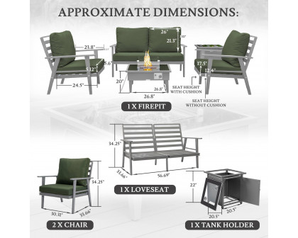 LeisureMod Walbrooke Modern Gray Patio Conversation With Square Fire Pit & Tank Holder - Green