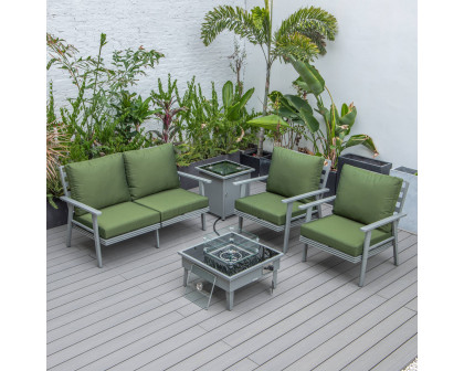 LeisureMod Walbrooke Modern Gray Patio Conversation With Square Fire Pit & Tank Holder - Green