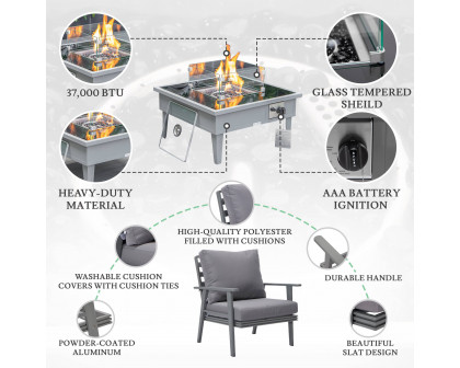 LeisureMod Walbrooke Modern Gray Patio Conversation With Square Fire Pit & Tank Holder - Gray