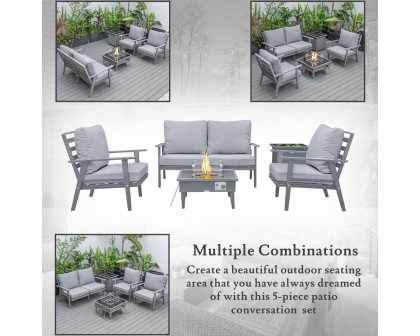 LeisureMod Walbrooke Modern Gray Patio Conversation With Square Fire Pit & Tank Holder - Gray