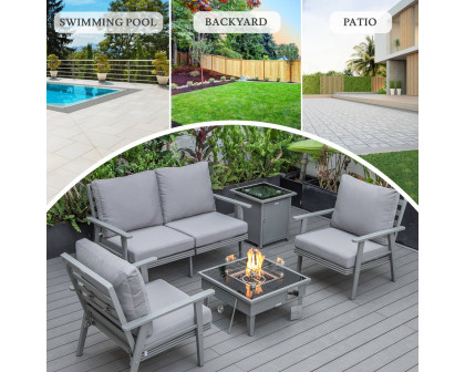 LeisureMod Walbrooke Modern Gray Patio Conversation With Square Fire Pit & Tank Holder - Gray