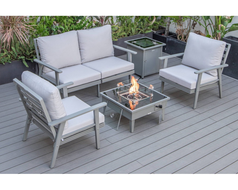 LeisureMod Walbrooke Modern Gray Patio Conversation With Square Fire Pit & Tank Holder - Light Gray