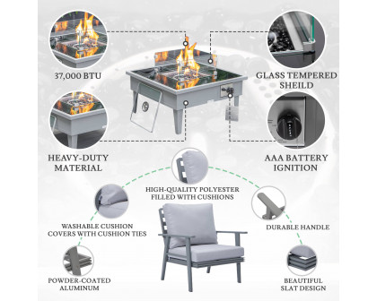 LeisureMod Walbrooke Modern Gray Patio Conversation With Square Fire Pit & Tank Holder - Light Gray