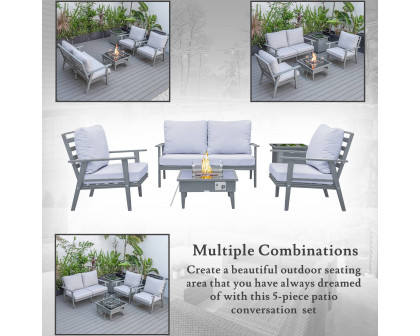 LeisureMod Walbrooke Modern Gray Patio Conversation With Square Fire Pit & Tank Holder - Light Gray