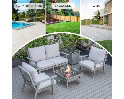 LeisureMod Walbrooke Modern Gray Patio Conversation With Square Fire Pit & Tank Holder - Light Gray