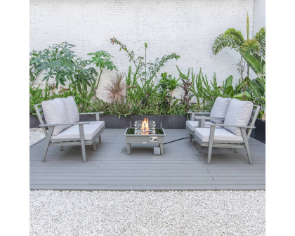 LeisureMod Walbrooke Modern Gray Patio Conversation With Square Fire Pit & Tank Holder - Light Gray