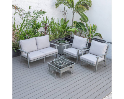 LeisureMod Walbrooke Modern Gray Patio Conversation With Square Fire Pit & Tank Holder - Light Gray