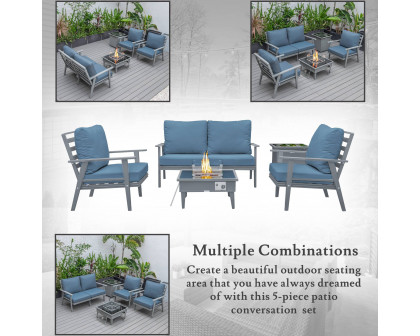 LeisureMod Walbrooke Modern Gray Patio Conversation With Square Fire Pit & Tank Holder - Navy Blue