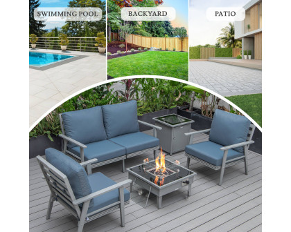 LeisureMod Walbrooke Modern Gray Patio Conversation With Square Fire Pit & Tank Holder - Navy Blue