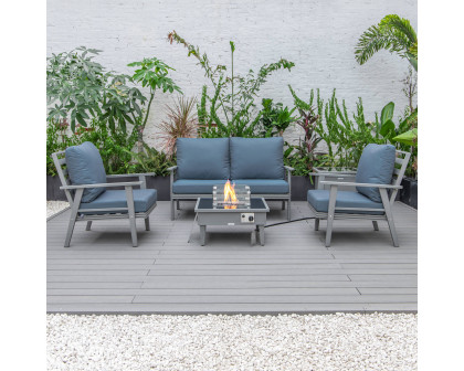 LeisureMod Walbrooke Modern Gray Patio Conversation With Square Fire Pit & Tank Holder - Navy Blue