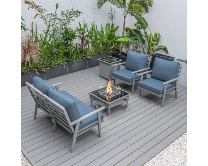 LeisureMod Walbrooke Modern Gray Patio Conversation With Square Fire Pit & Tank Holder - Navy Blue