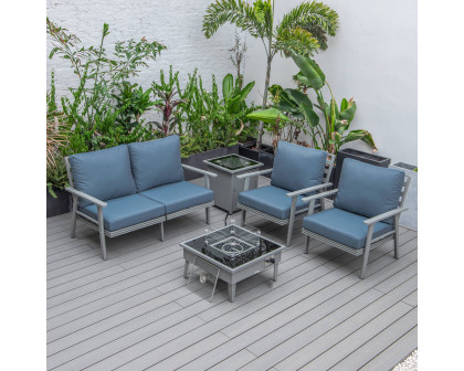 LeisureMod Walbrooke Modern Gray Patio Conversation With Square Fire Pit & Tank Holder - Navy Blue