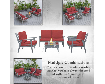 LeisureMod Walbrooke Modern Gray Patio Conversation With Square Fire Pit & Tank Holder - Red