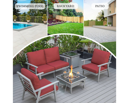 LeisureMod Walbrooke Modern Gray Patio Conversation With Square Fire Pit & Tank Holder - Red