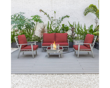 LeisureMod Walbrooke Modern Gray Patio Conversation With Square Fire Pit & Tank Holder - Red