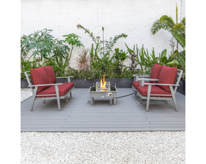 LeisureMod Walbrooke Modern Gray Patio Conversation With Square Fire Pit & Tank Holder - Red