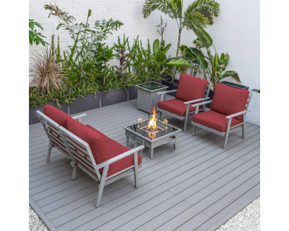 LeisureMod Walbrooke Modern Gray Patio Conversation With Square Fire Pit & Tank Holder - Red