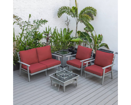 LeisureMod Walbrooke Modern Gray Patio Conversation With Square Fire Pit & Tank Holder - Red