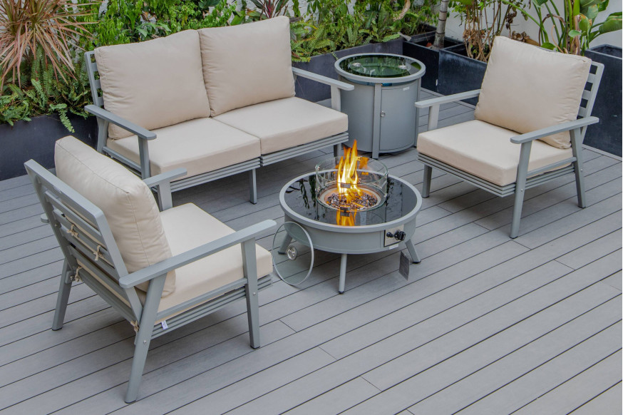 LeisureMod™ Walbrooke Modern Gray Patio Conversation With Round Fire Pit & Tank Holder - Beige