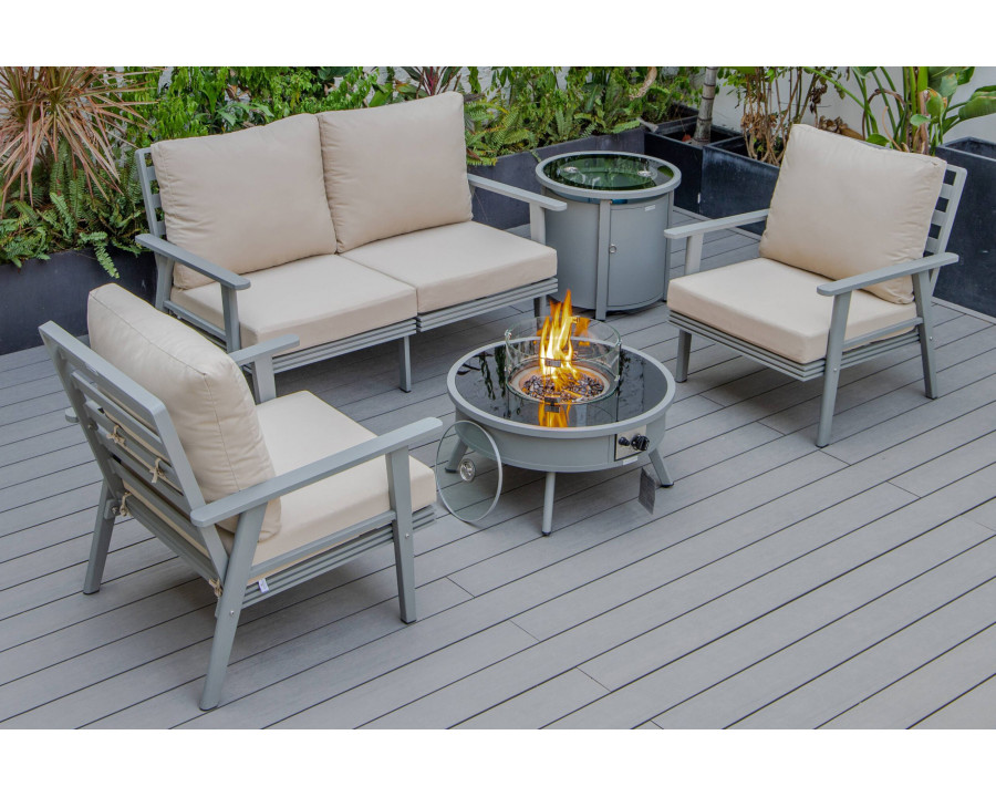 LeisureMod Walbrooke Modern Gray Patio Conversation With Round Fire Pit & Tank Holder - Beige