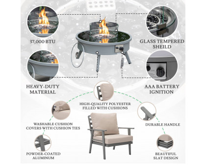 LeisureMod™ Walbrooke Modern Gray Patio Conversation With Round Fire Pit & Tank Holder - Beige