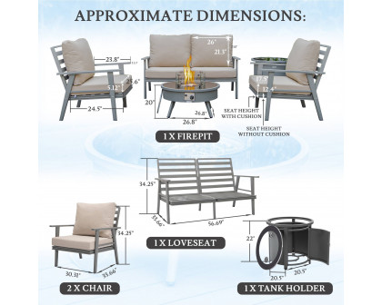 LeisureMod™ Walbrooke Modern Gray Patio Conversation With Round Fire Pit & Tank Holder - Beige