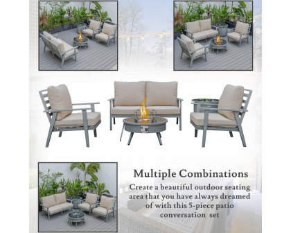 LeisureMod™ Walbrooke Modern Gray Patio Conversation With Round Fire Pit & Tank Holder - Beige