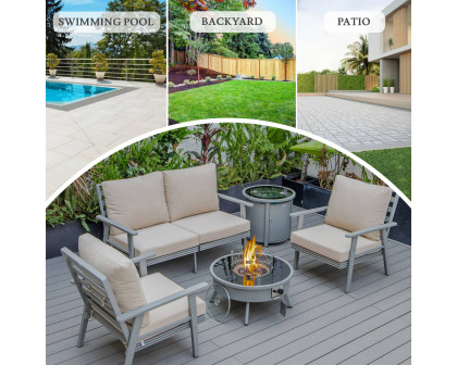 LeisureMod™ Walbrooke Modern Gray Patio Conversation With Round Fire Pit & Tank Holder - Beige