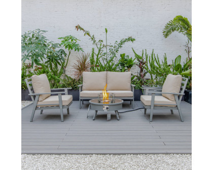 LeisureMod™ Walbrooke Modern Gray Patio Conversation With Round Fire Pit & Tank Holder - Beige