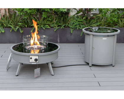 LeisureMod™ Walbrooke Modern Gray Patio Conversation With Round Fire Pit & Tank Holder - Beige