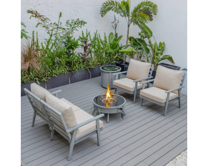 LeisureMod™ Walbrooke Modern Gray Patio Conversation With Round Fire Pit & Tank Holder - Beige