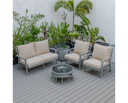 LeisureMod™ Walbrooke Modern Gray Patio Conversation With Round Fire Pit & Tank Holder - Beige