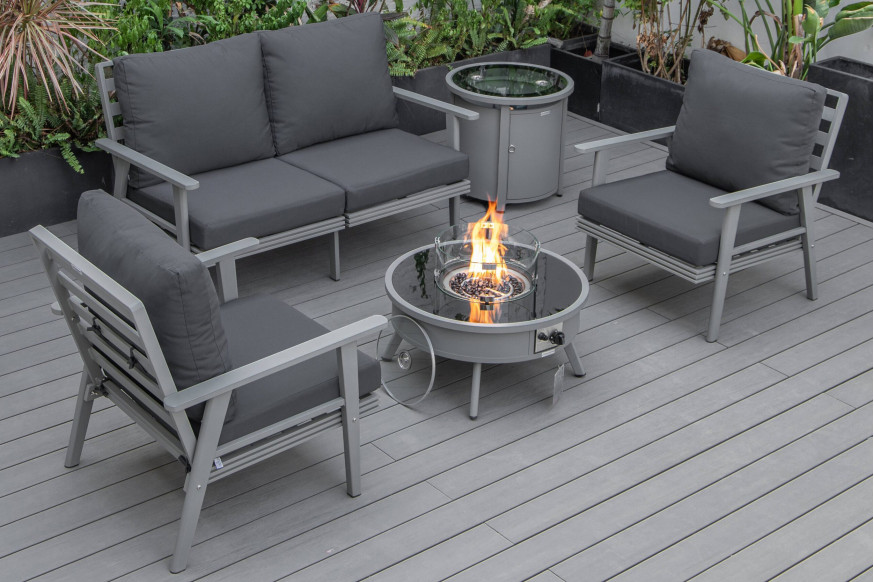 LeisureMod™ Walbrooke Modern Gray Patio Conversation With Round Fire Pit & Tank Holder - Charcoal