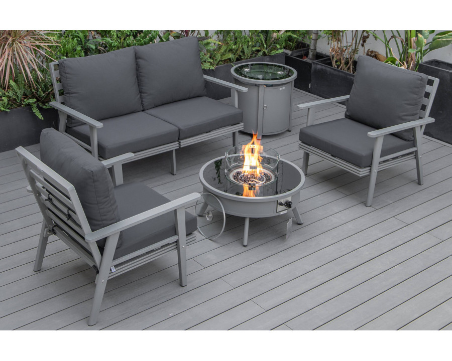 LeisureMod Walbrooke Modern Gray Patio Conversation With Round Fire Pit & Tank Holder - Charcoal