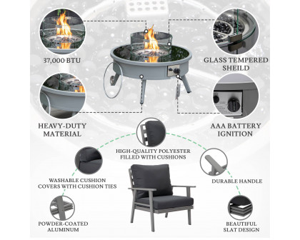 LeisureMod™ Walbrooke Modern Gray Patio Conversation With Round Fire Pit & Tank Holder - Charcoal