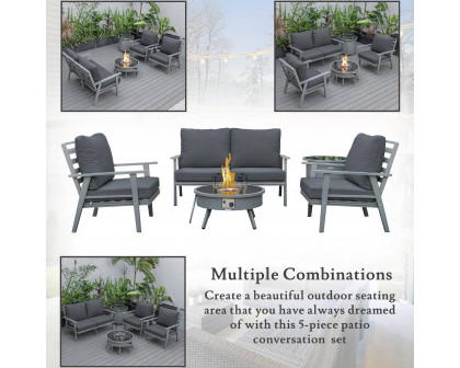 LeisureMod™ Walbrooke Modern Gray Patio Conversation With Round Fire Pit & Tank Holder - Charcoal