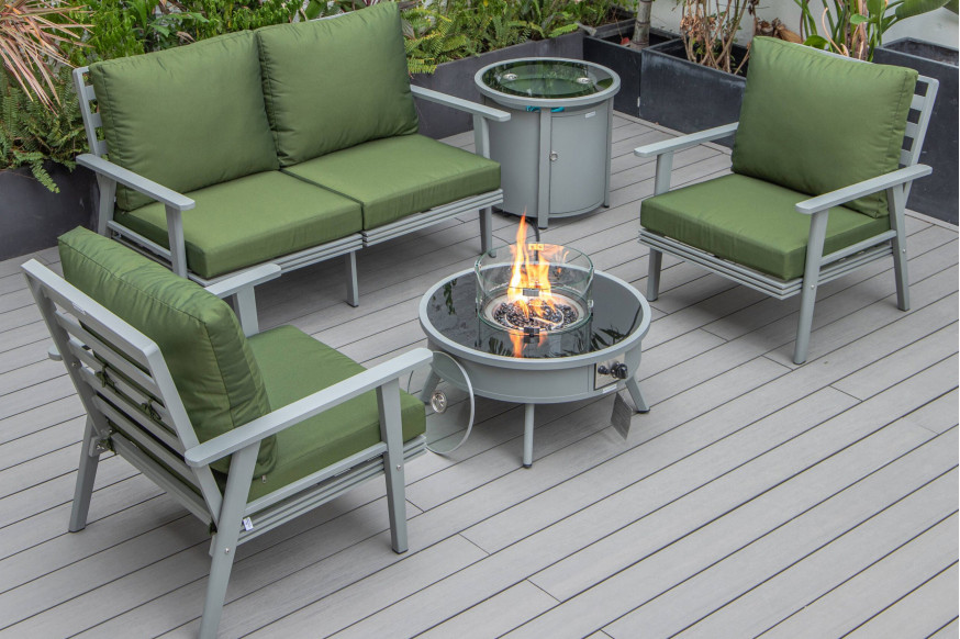 LeisureMod™ Walbrooke Modern Gray Patio Conversation With Round Fire Pit & Tank Holder - Green