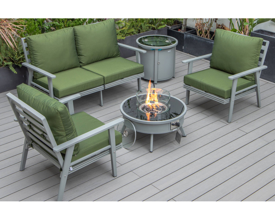 LeisureMod Walbrooke Modern Gray Patio Conversation With Round Fire Pit & Tank Holder - Green