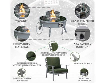 LeisureMod™ Walbrooke Modern Gray Patio Conversation With Round Fire Pit & Tank Holder - Green