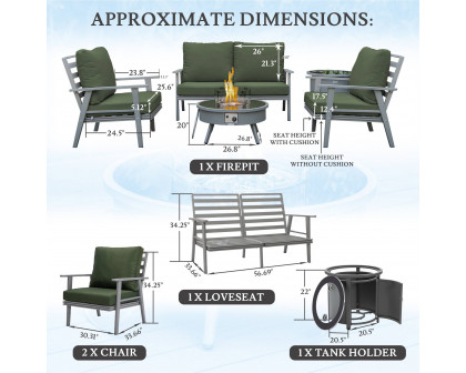 LeisureMod™ Walbrooke Modern Gray Patio Conversation With Round Fire Pit & Tank Holder - Green