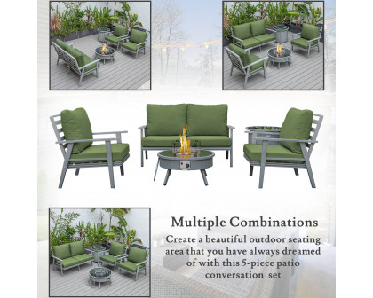 LeisureMod™ Walbrooke Modern Gray Patio Conversation With Round Fire Pit & Tank Holder - Green