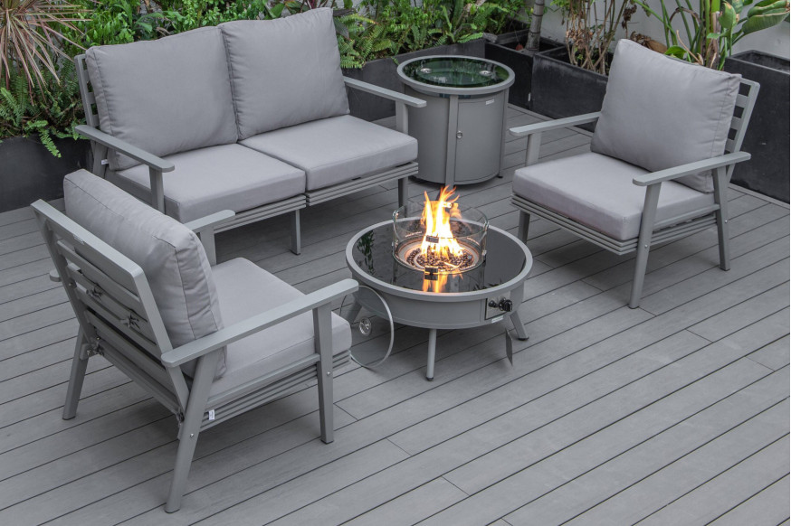 LeisureMod™ Walbrooke Modern Gray Patio Conversation With Round Fire Pit & Tank Holder - Gray