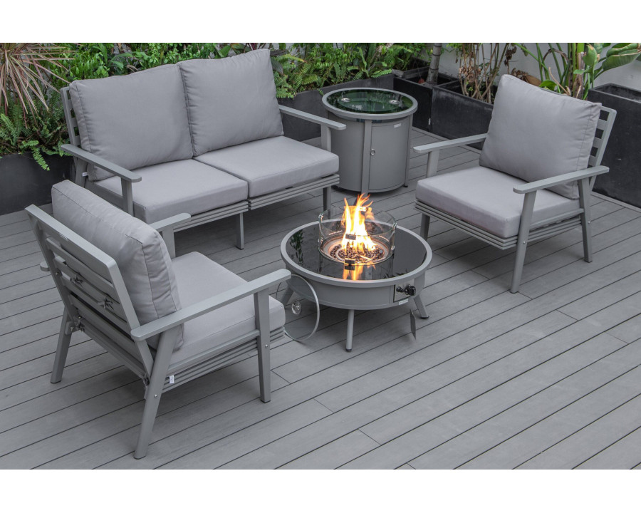 LeisureMod Walbrooke Modern Gray Patio Conversation With Round Fire Pit & Tank Holder - Gray