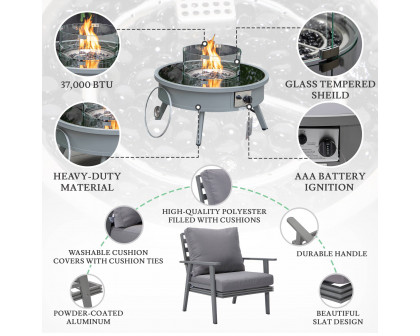 LeisureMod™ Walbrooke Modern Gray Patio Conversation With Round Fire Pit & Tank Holder - Gray