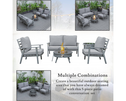 LeisureMod™ Walbrooke Modern Gray Patio Conversation With Round Fire Pit & Tank Holder - Gray