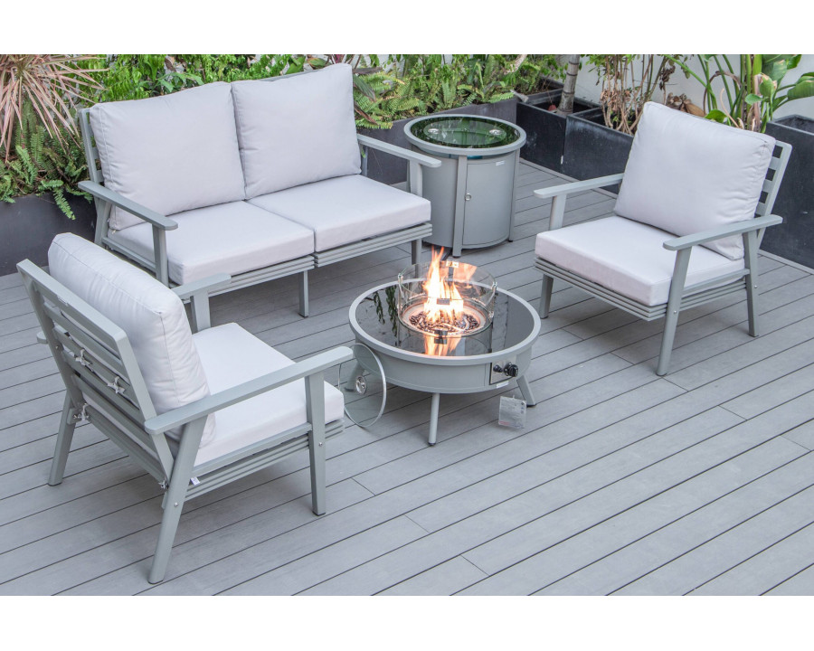 LeisureMod Walbrooke Modern Gray Patio Conversation With Round Fire Pit & Tank Holder - Light Gray