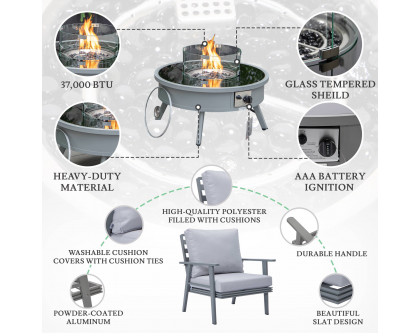 LeisureMod Walbrooke Modern Gray Patio Conversation With Round Fire Pit & Tank Holder - Light Gray