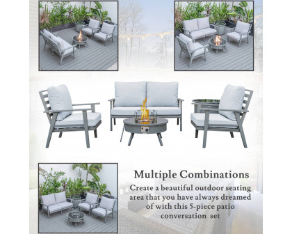 LeisureMod Walbrooke Modern Gray Patio Conversation With Round Fire Pit & Tank Holder - Light Gray