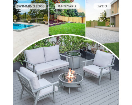 LeisureMod Walbrooke Modern Gray Patio Conversation With Round Fire Pit & Tank Holder - Light Gray